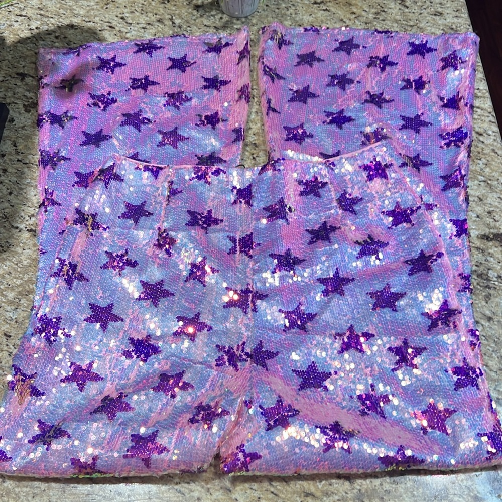 Nasty Gal Pink Purple Star Sequin Star HighRise Party Flare Pants US6 - Picture 10 of 13